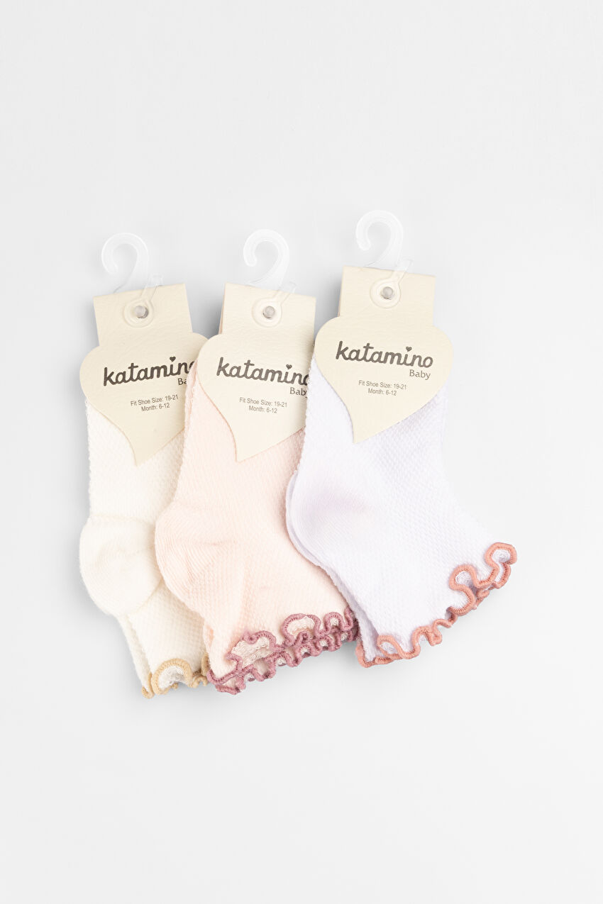 Katamino Eflin 3'lü Kız İlk Adım Beyaz/Pembe/Gri Çorap